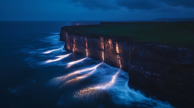Dramatic night scene of coastal cliffs with glowing ocean waves crashing below.