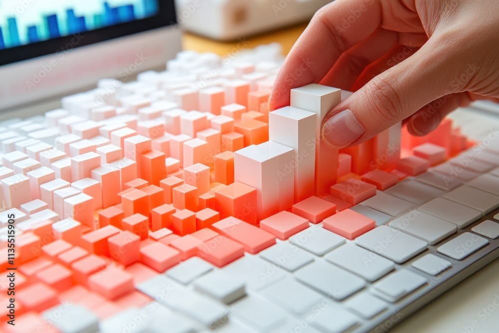 Poster Hand placing 3D bar graph on keyboard.