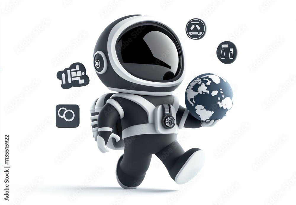 Poster spaceman walks carrying planet with floating icons.