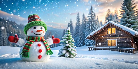 Obraz premium Cheerful Snowman in a Winter Wonderland with Snowy Landscape, Pine Trees, Rustic Cabin, and Soft Snowflakes Falling in a Magical Scenic Setting