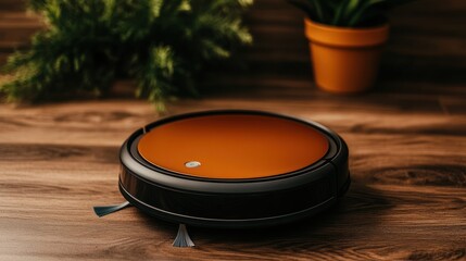 A robotic vacuum cleaner on a wooden floor with a plant in the background.
