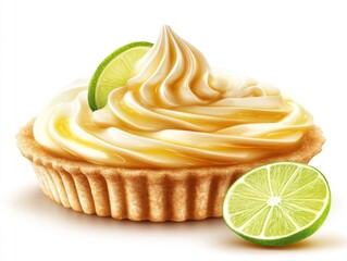 A delicious lime tart topped with creamy filling and garnished with lime slices.