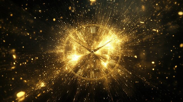 Golden Clock Displaying Time Amidst Sparkling Light Particles