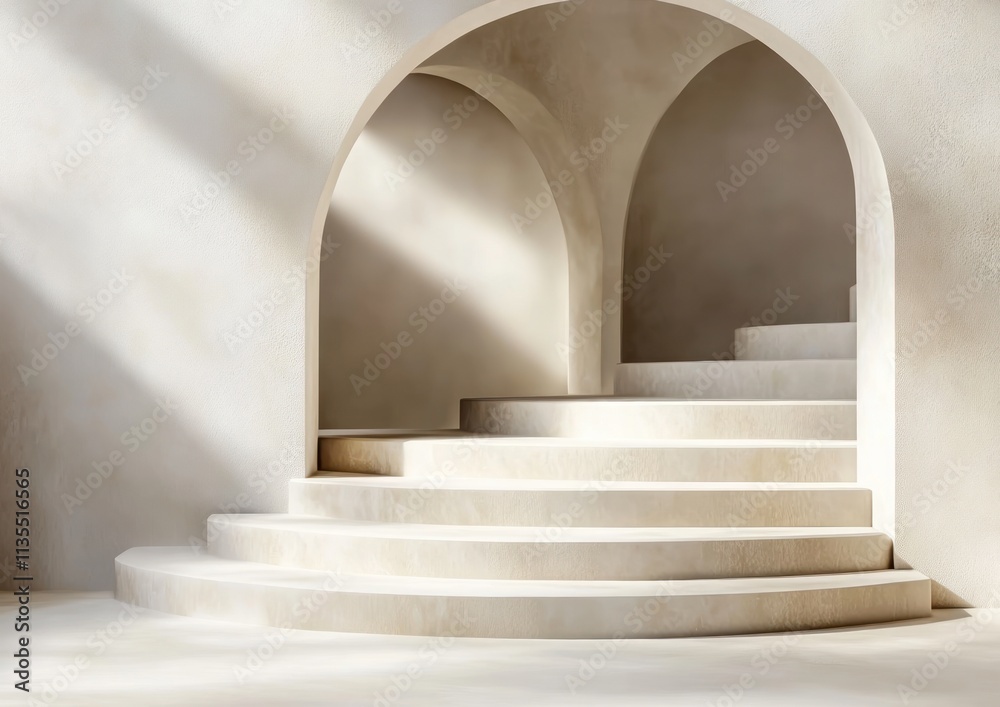 Poster light streams through arched doorways on stairs, minimal neutral interior.