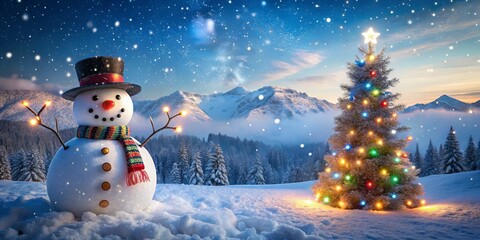 Obraz premium Charming Winter Scene with a Snowman, Christmas Tree, Snowy Landscape, Mountains, and Sparkling Snowflakes Under a Starlit Sky in a Festive Holiday Atmosphere