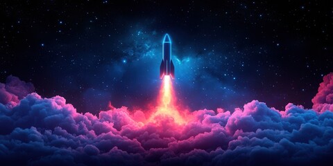 Holographic Rocket Icon Ascending Through Luminous Clouds, Futuristic Design, Vibrant Colors, Dynamic Movement, Digital Art
