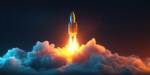 Holographic rocket ship soaring through luminous clouds, vibrant colors, dynamic energy, futuristic design, imaginative exploration