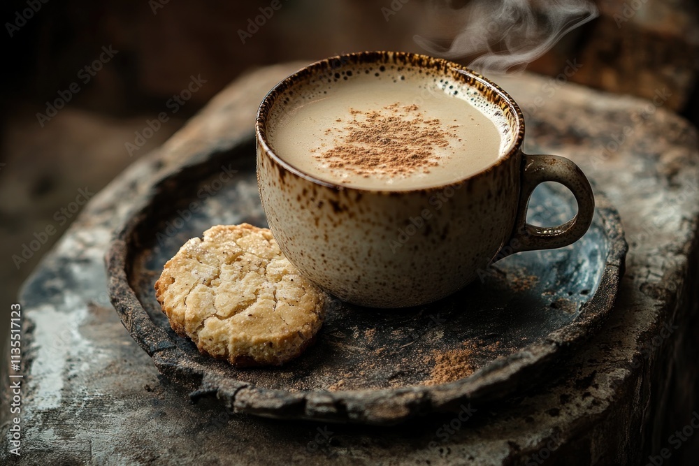 Poster steaming coffee with cinnamon and cookie on rustic wood.
