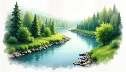 Serene river winds through forest. Calm water reflects trees. Rich green plants surrounds tranquil waterway. Peaceful landscape. Ideal for wallpaper eco-friendly design. Beautiful natural scenery.