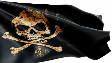 Flag with a skull and crossbones design, flying in the wind, symbolizing piracy or rebellious spirit
