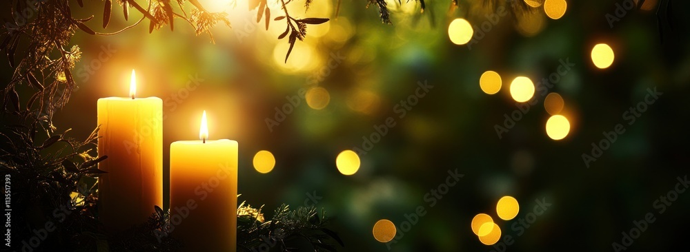 Poster two lit candles glow with bokeh lights in the background.