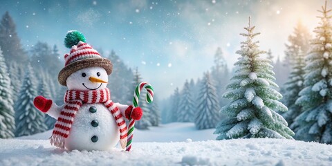 Fototapeta premium Cheerful Snowman with Candy Cane in a Snowy Winter Landscape Surrounded by Evergreen Trees under Soft Glowing Light, Perfect for Holiday and Christmas Themes
