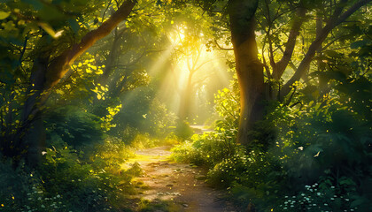 Naklejka premium Sunlit Forest Path with Lush Greenery and Butterflies