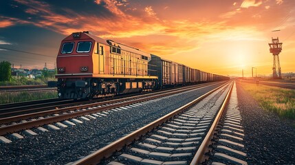 Obraz premium Freight train at sunset. Concept of transportation, logistics, and cargo.