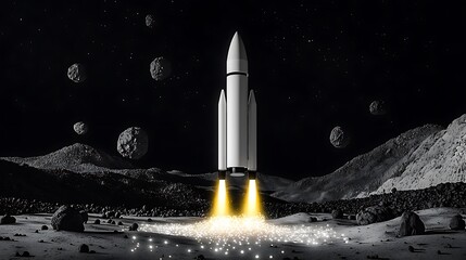 Naklejka premium A white rocket launches from a gray, rocky, extraterrestrial surface, surrounded by asteroids and a dark night sky.