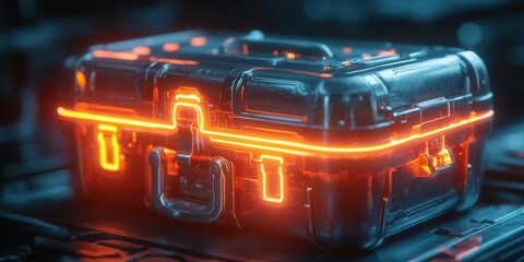 Holographic Toolbox Icon with Glowing Tools, vibrant colors, sleek design, modern aesthetic, digital innovation, tech-inspired visuals
