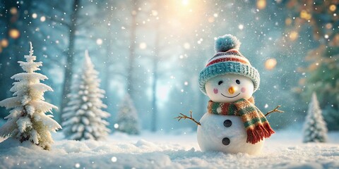 Fototapeta premium Cheerful Snowman in a Snowy Forest Surrounded by Snowflakes and Evergreen Trees, Capturing the Essence of Winter and Holiday Cheer