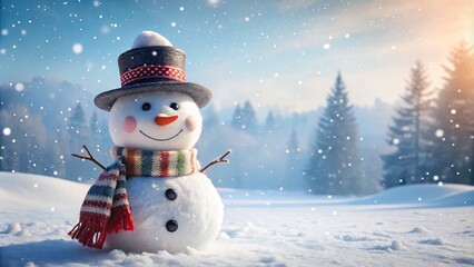 Obraz premium Cheerful Snowman Standing in a Snowy Winter Landscape with Pine Trees and Soft Snow Falling from a Blue Sky at Sunset