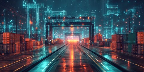 Obraz premium Holographic design of an autonomous AI-operated freight terminal showcasing advanced logistics and smart technology integration