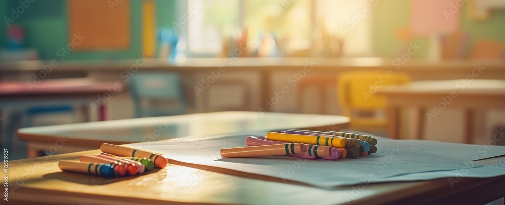 Poster crayons and paper on desks in a classroom during daytime.