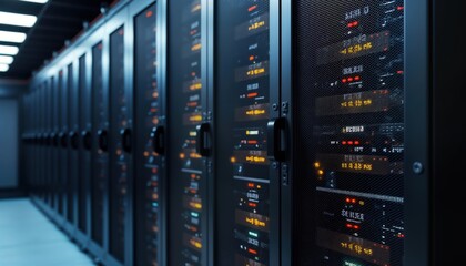 Secure data center server racks line room. Tech equipment lights up with indicators. Modern computer server cabinets with network storage in warehouse. Secure facility hosts data. High-tech tech