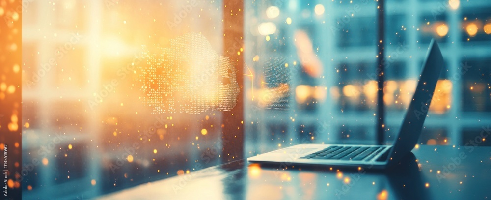 Aufkleber laptop cloud data with sparkling city background.