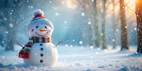 Fototapeta premium Charming snowman in a winter landscape surrounded by falling snowflakes, capturing the essence of festive cheer and seasonal joy with a serene backdrop of frosty trees.