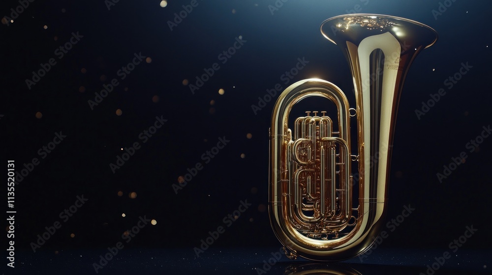 Poster gold tuba with bokeh on dark surface.