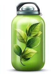 A green water bottle with a leaf design, suggesting eco-friendliness and hydration.