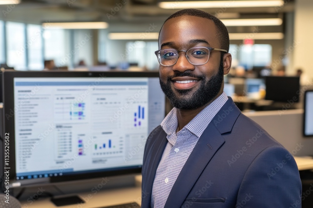 Poster Smiling man in suit with data on monitor.