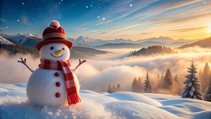 Obraz premium Cheerful Snowman in Winter Wonderland Surrounded by Snowy Mountains and Forests Under a Colorful Sunset Sky