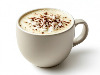 Obraz premium A creamy beverage topped with whipped cream and chocolate shavings in a white mug.