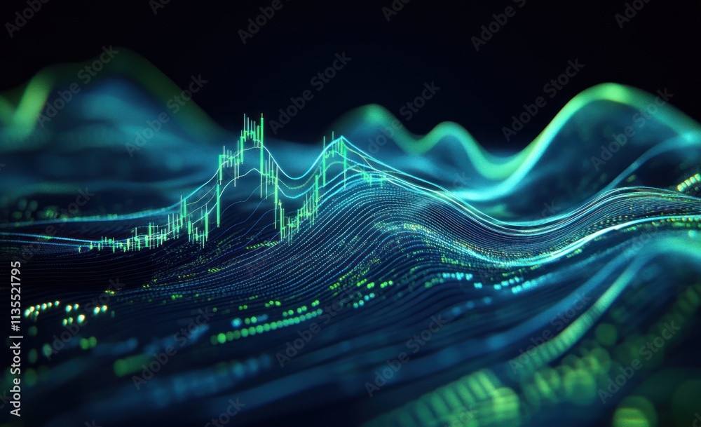 Aufkleber Abstract financial chart waves with luminous data points on dark background.