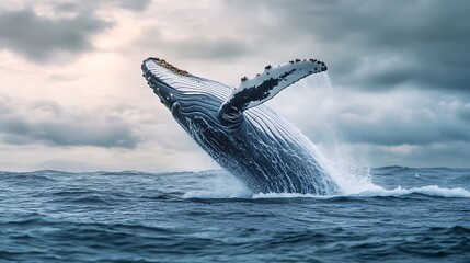 Fototapeta premium Humpback Whale breaching in the ocean. Majestic marine wildlife.