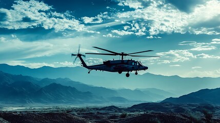 Fototapeta premium Military Helicopter Flying Over Mountain Range. Concept of Aerial Surveillance, Rescue, and Defense.