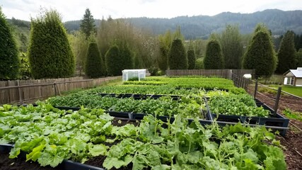 Vegetable garden with green plants growing in rows surrounded by a wooden fence.