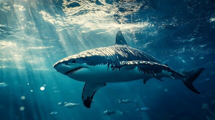 Fototapeta premium Great White Shark in Sunlight Underwater. Ocean Predator, Marine Wildlife, Powerful.