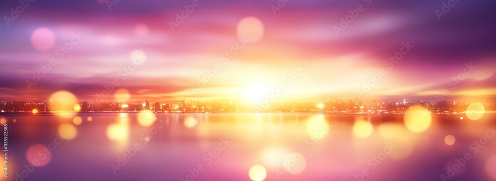 Poster Blurred city skyline reflected in water at sunset with bokeh effect.