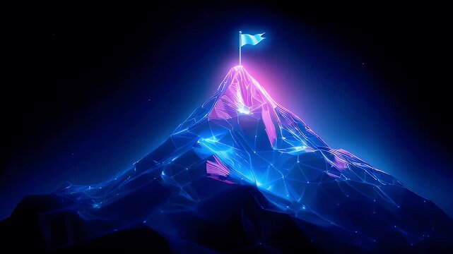A digital mountain peak with a flag, illuminated by neon colors, symbolizing achievement.