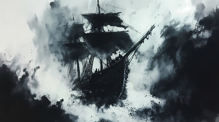Naklejka premium pirate ghost ship, trapped in an eternal storm, cursed crew, watercolor style. Eternal. Illustration