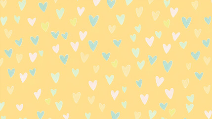 A cheerful pattern of pastel hearts on a yellow background, perfect for decoration or design.