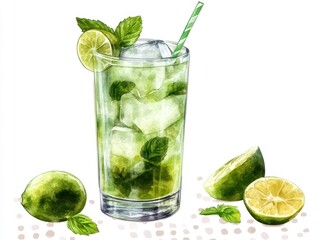 A refreshing mojito cocktail with mint and lime, served in a tall glass with ice.