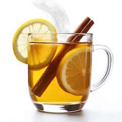 A steaming mug of lemon tea with cinnamon sticks and lemon slices.