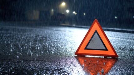 Warning sign sits on wet road under rain.