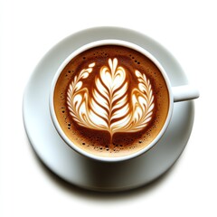 A beautifully crafted latte with intricate foam art on a white plate.