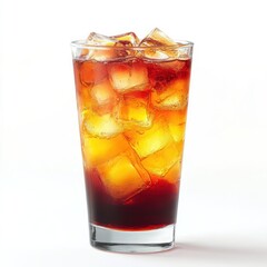 A tall glass filled with ice and a layered dark beverage, showcasing a refreshing drink.