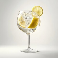 A refreshing drink with ice and lemon slices in a large glass.