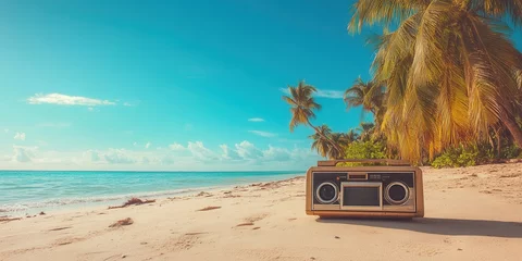 Fotobehang Tropical beach scene with vibrant waves, golden sand, 80's boom box, lively atmosphere, nostalgic tunes filling the air © paisorn