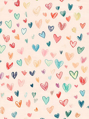 A pastel background filled with colorful, hand-drawn hearts, conveying love and warmth.