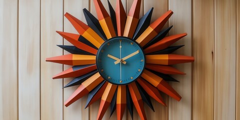 Retro sunburst wall clock, vibrant colors, iconic 70's design, adds a nostalgic touch to any space, perfect for vintage decor enthusiasts
